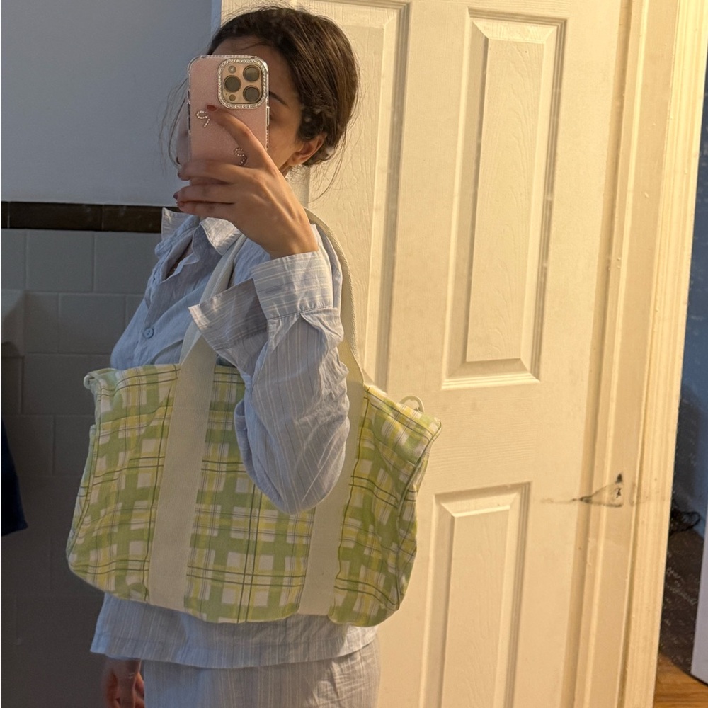 Casual Green Plaid Tote Bag with Cream Straps